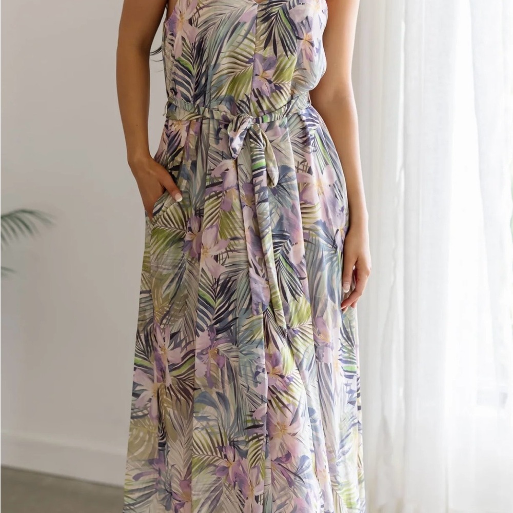 Floral Leaf Print Sleeveless Maxi Dress - Lavender Green